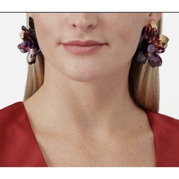 Kate Spade Large Purple Brown Floral PETAL PUSHER Gold Plated Statement Earring - Picture 3 of 15